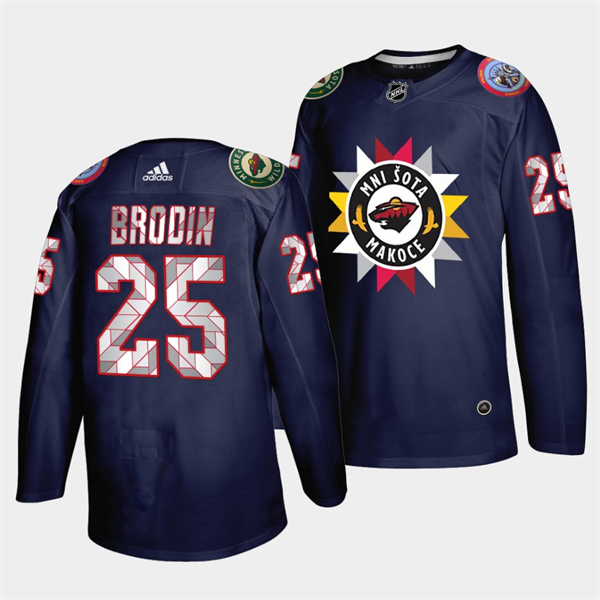 Men's Minnesota Wild #25 Jonas Brodin 2021/22 Navy Native American Heritage Day Stitched Jersey Men's Minnesota Wild #25 Jonas Brodin 2021/22 Navy Native American Heritage Day Stitched Jersey